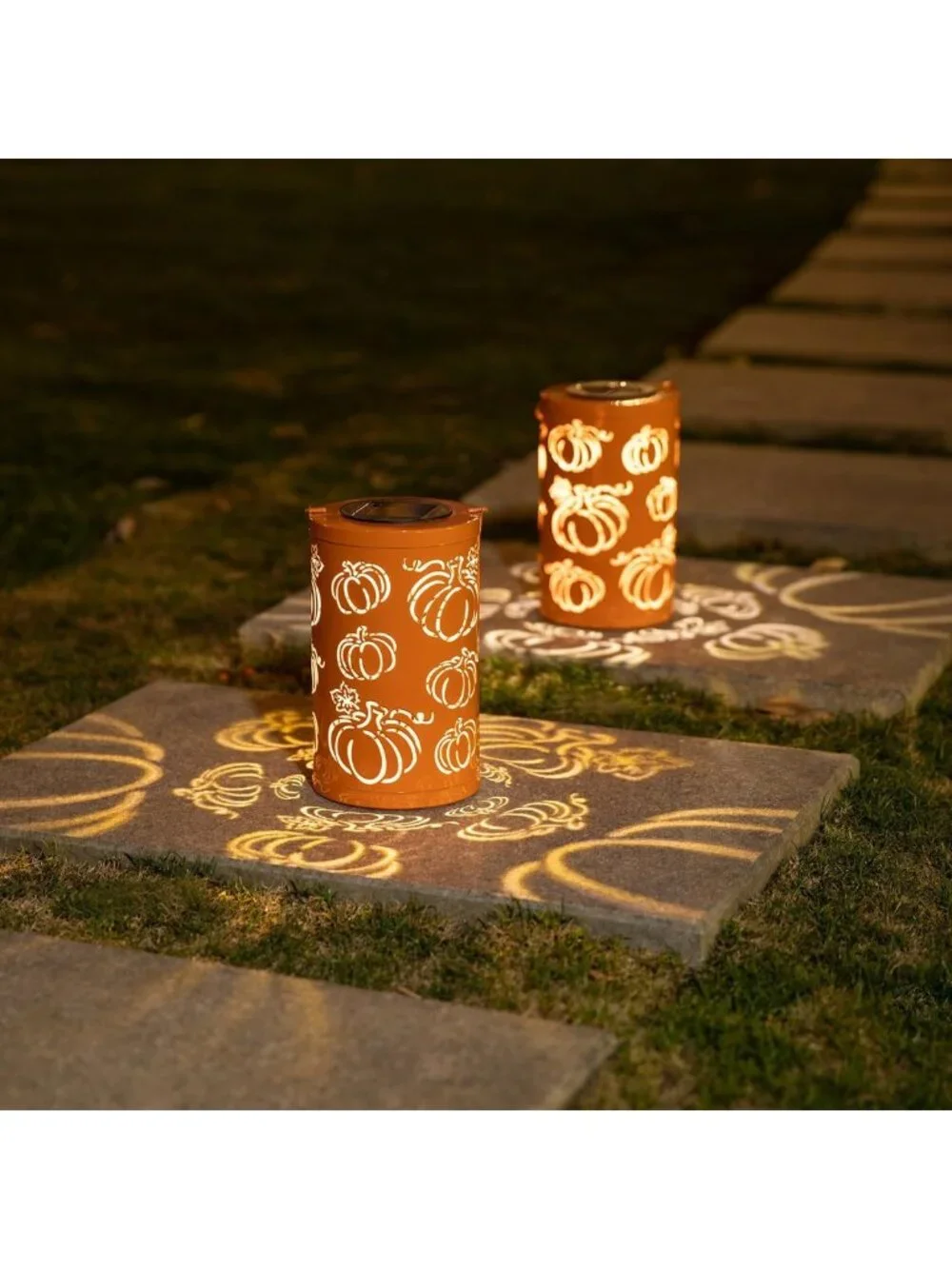 Set of 2 Fall Metal Pumpkin Lanterns - Solar Powered LED Decor for Halloween